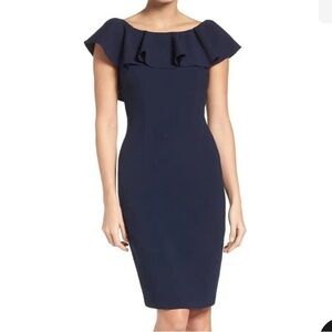 Eliza J. Navy Blue Ruffle Knee Length Sheath Dress Size 14w lace back